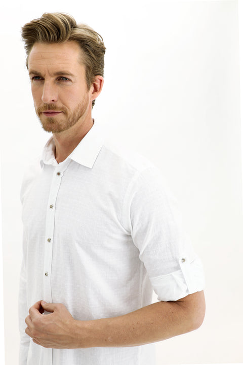 White Long-Sleeve Patterned Cotton Shirt