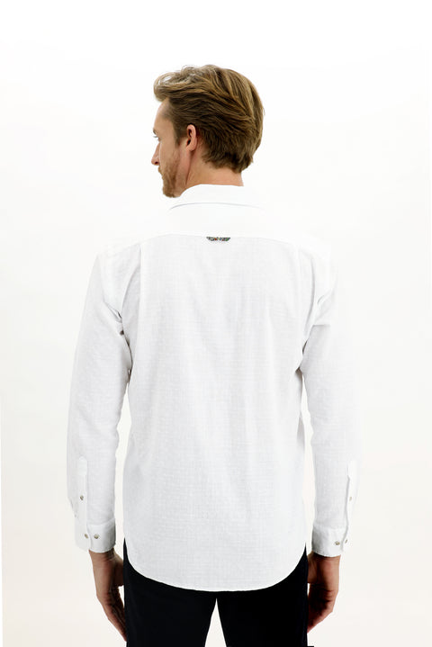 White Long-Sleeve Patterned Cotton Shirt