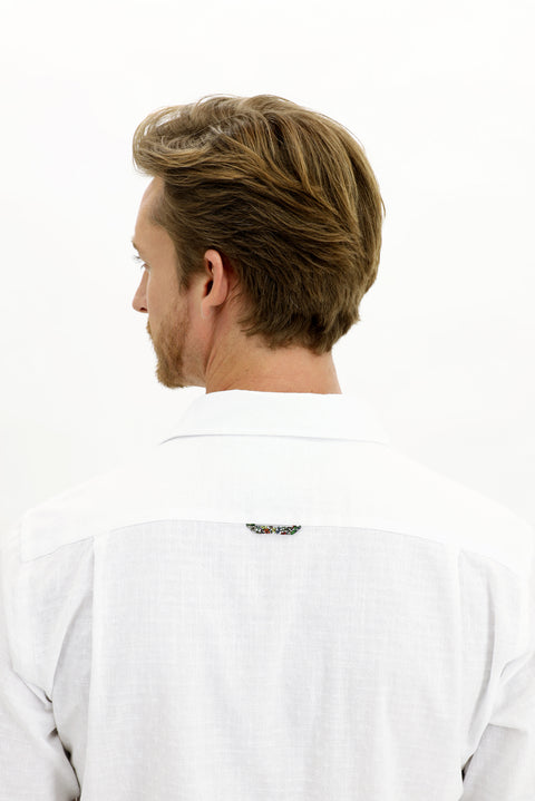 White Long-Sleeve Patterned Cotton Shirt
