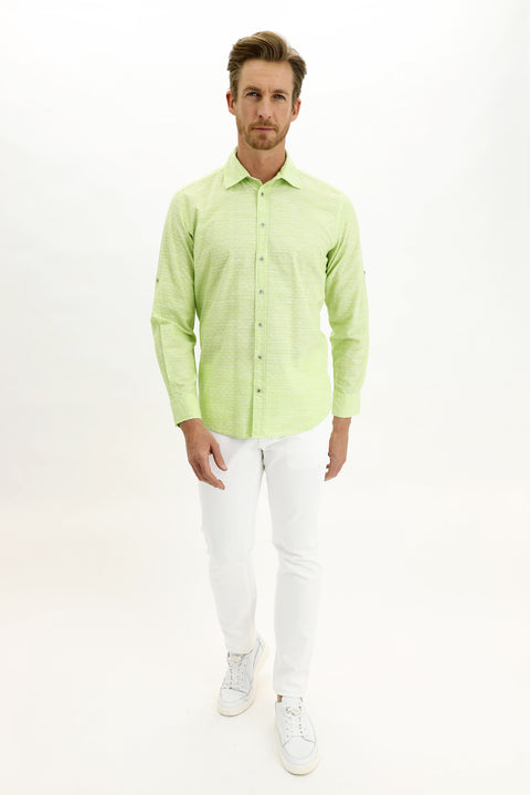 Pistachio Green Long-Sleeve Patterned Cotton Shirt