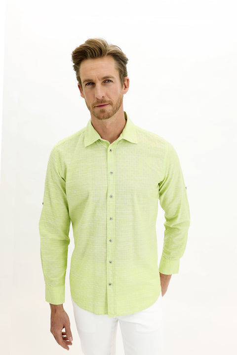 Pistachio Green Long-Sleeve Patterned Cotton Shirt