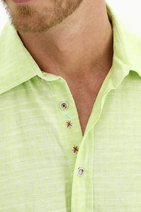 Pistachio Green Long-Sleeve Patterned Cotton Shirt