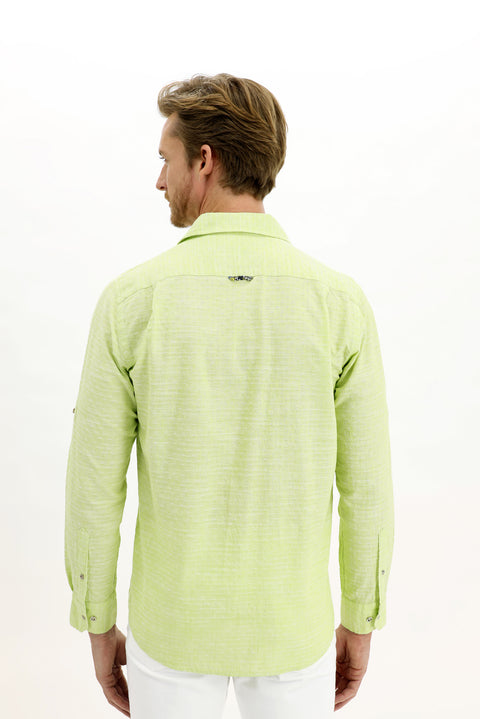 Pistachio Green Long-Sleeve Patterned Cotton Shirt