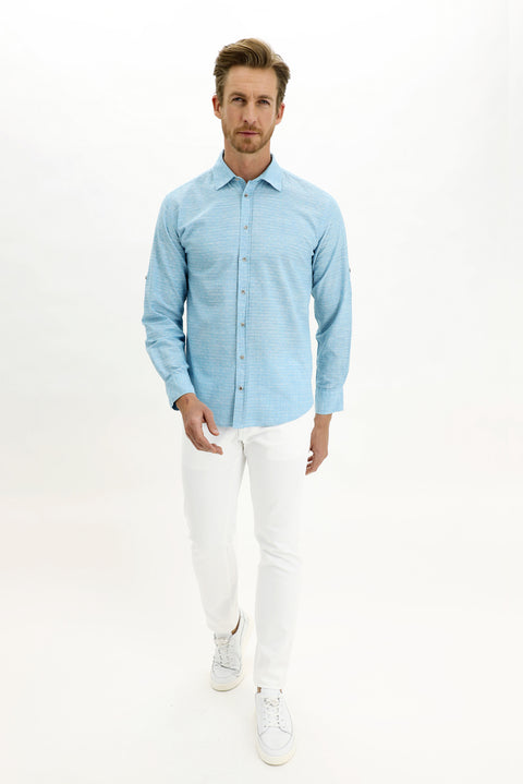 Light Turquoise Long Sleeve Regular Fit Patterned Cotton Shirt