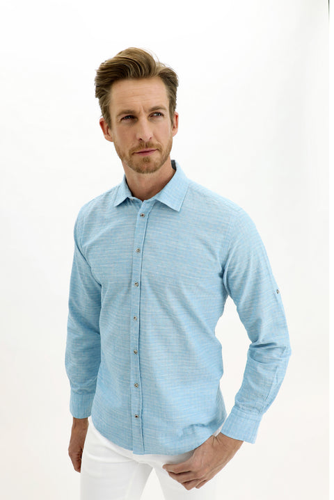 Light Turquoise Long Sleeve Regular Fit Patterned Cotton Shirt