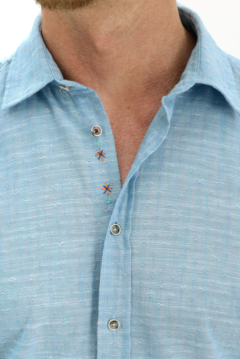 Light Turquoise Long Sleeve Regular Fit Patterned Cotton Shirt