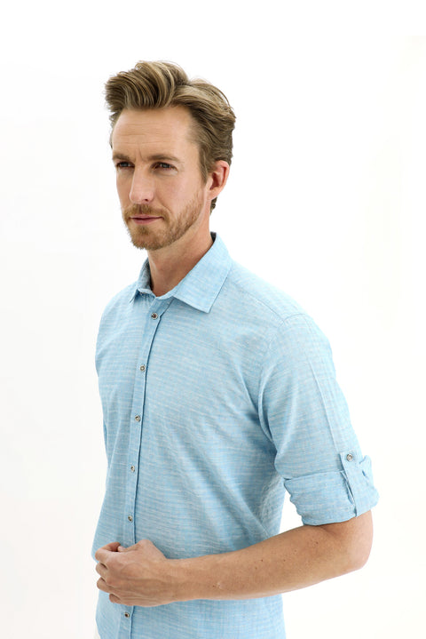 Light Turquoise Long Sleeve Regular Fit Patterned Cotton Shirt