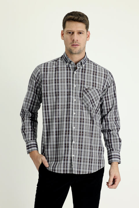 Medium Brown Long Sleeve Regular Fit Plaid Shirt
