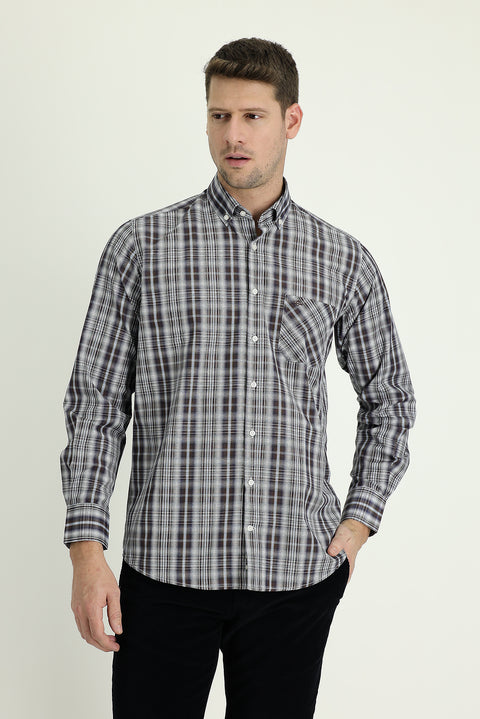 Medium Brown Long Sleeve Regular Fit Plaid Shirt