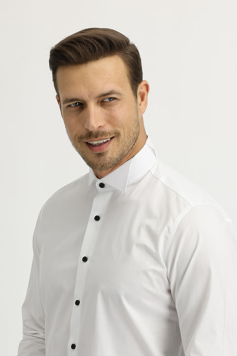White Long Sleeve Stand Collar Slim Fit Narrow Cut Cotton Shirt