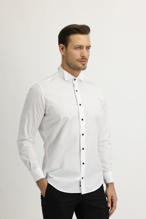 White Long Sleeve Stand Collar Slim Fit Narrow Cut Cotton Shirt