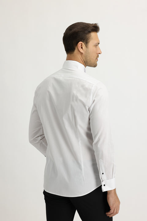 White Long Sleeve Stand Collar Slim Fit Narrow Cut Cotton Shirt