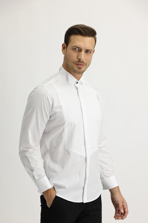 White Long Sleeve Stand Collar Slim Fit Narrow Cut Cotton Shirt