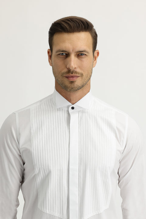 White Long Sleeve Stand Collar Slim Fit Narrow Cut Cotton Shirt