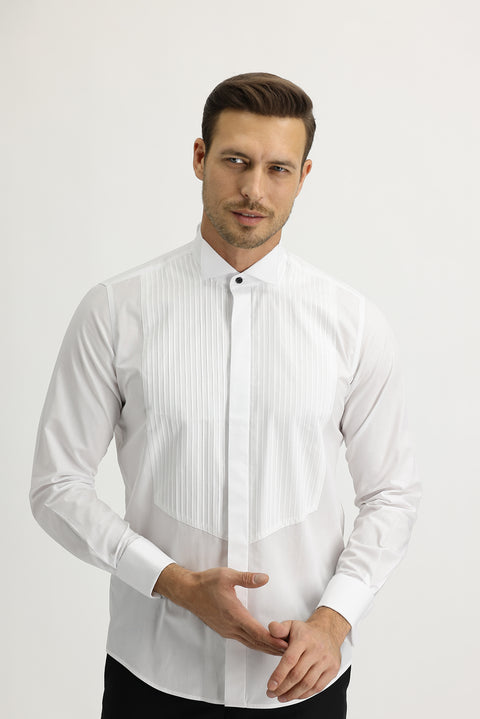 White Long Sleeve Stand Collar Slim Fit Narrow Cut Cotton Shirt