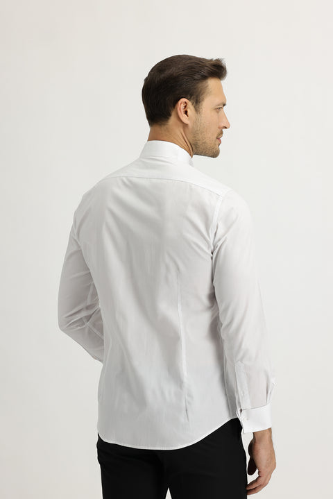White Long Sleeve Stand Collar Slim Fit Narrow Cut Cotton Shirt
