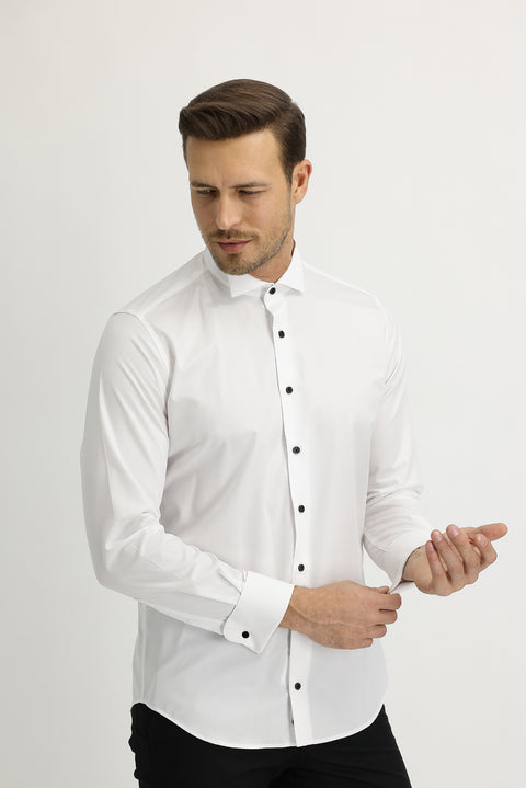 Beyaz Uzun Kol Ata Yaka Slim Fit Dar Kesim Easy Care Pamuk Gömlek