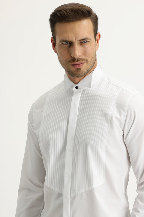 Beyaz Ata Yaka Slim Fit Dar Kesim Piliseli Pamuk Gömlek