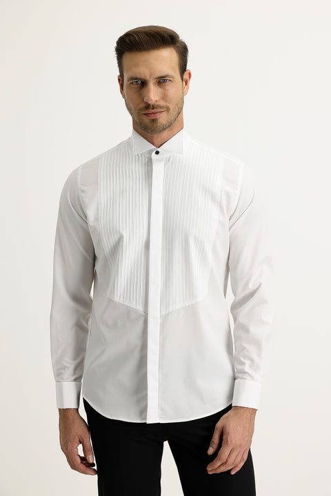 Beyaz Ata Yaka Slim Fit Dar Kesim Piliseli Pamuk Gömlek