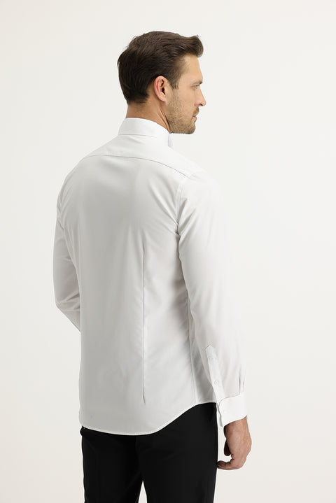 Beyaz Ata Yaka Slim Fit Dar Kesim Piliseli Pamuk Gömlek