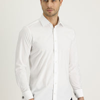 White Long Sleeve Slim Fit Narrow Cut Cuffed Cotton Shirt