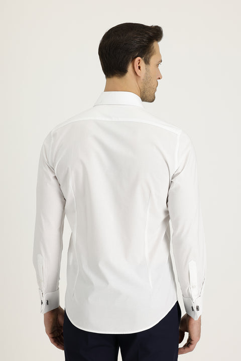 White Long Sleeve Slim Fit Narrow Cut Cuffed Cotton Shirt