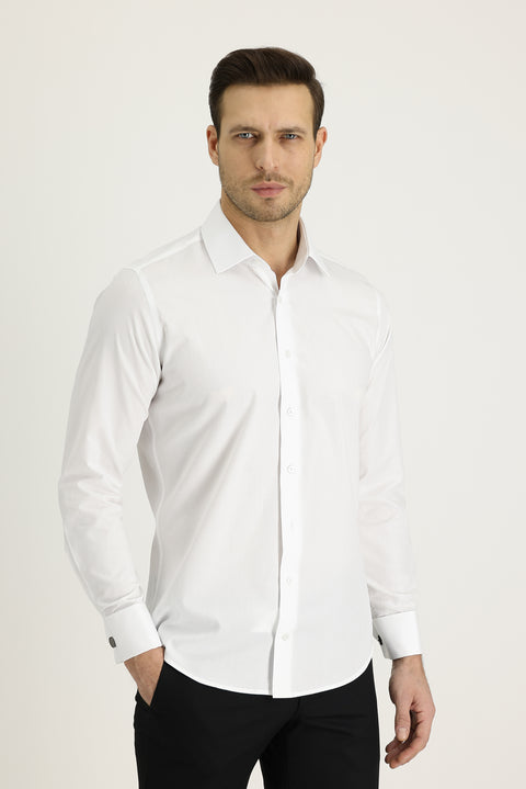 White Long Sleeve Slim Fit Narrow Cut Cuffed Cotton Shirt