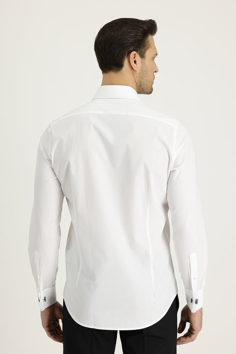 White Long Sleeve Slim Fit Narrow Cut Cuffed Cotton Shirt