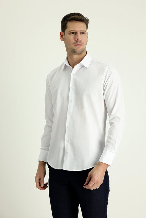White Long Sleeve Slim Fit Patterned Shirt