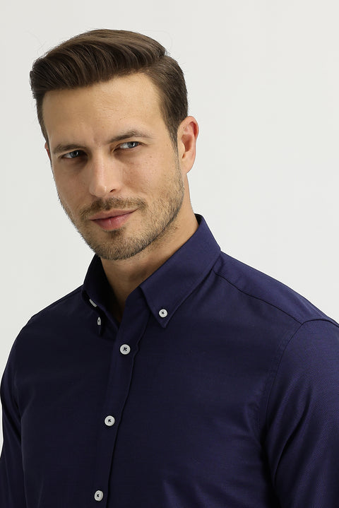 Medium Navy Long Sleeve Slim Fit Oxford Shirt