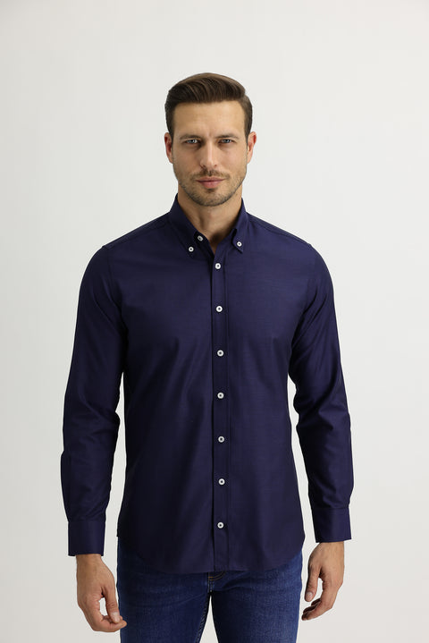 Medium Navy Long Sleeve Slim Fit Oxford Shirt