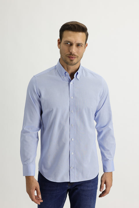Sky Blue Long Sleeve Slim Fit Narrow Cut Oxford Shirt
