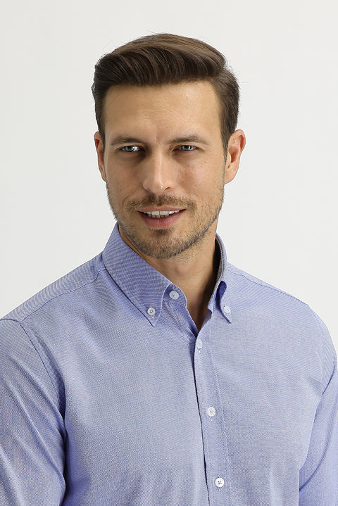 Dark Blue Long Sleeve Slim Fit Narrow Cut Oxford Shirt