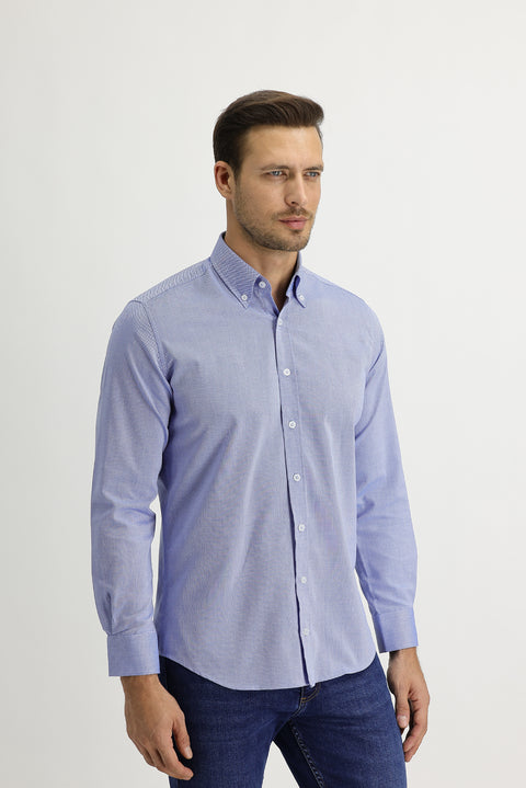 Dark Blue Long Sleeve Slim Fit Narrow Cut Oxford Shirt