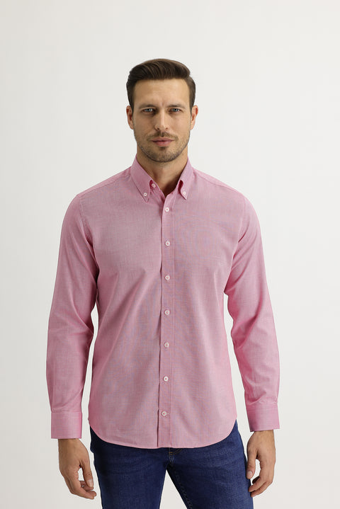 Light Red Long Sleeve Slim Fit Narrow Cut Oxford Shirt