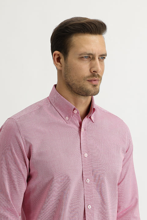 Light Red Long Sleeve Slim Fit Narrow Cut Oxford Shirt