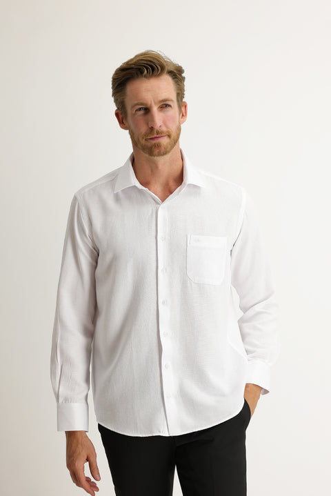White Long-Sleeve Classic Patterned Shirt