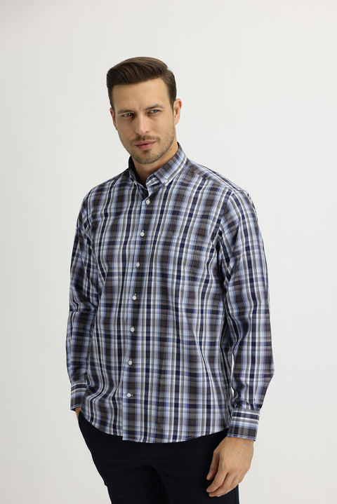 Medium Brown Long Sleeve Regular Fit Plaid Shirt
