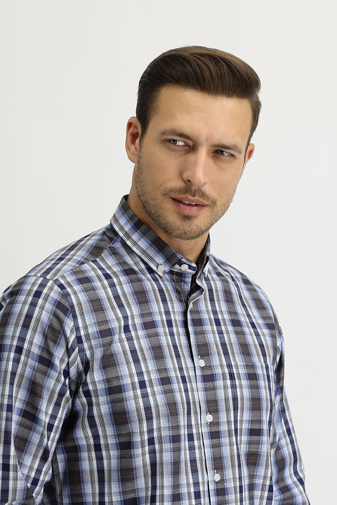 Medium Brown Long Sleeve Regular Fit Plaid Shirt