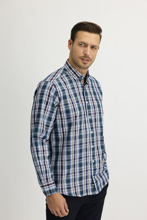 Grass Green Long Sleeve Regular Fit Plaid Shirt