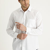 White Long-Sleeve Classic Patterned Cuffed Cotton Shirt