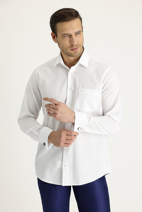 White Long-Sleeve Classic Patterned Cuffed Cotton Shirt