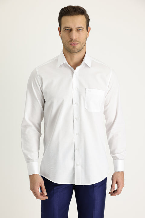 White Long-Sleeve Classic Patterned Cuffed Cotton Shirt