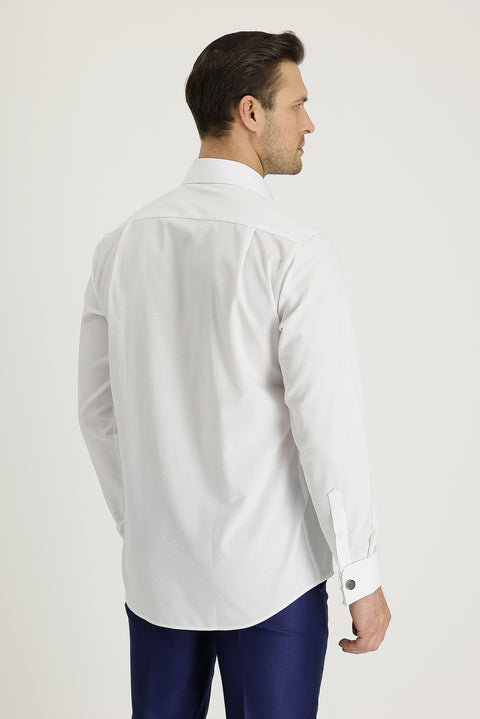White Long-Sleeve Classic Patterned Cuffed Cotton Shirt