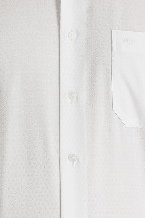 White Long-Sleeve Classic Patterned Cuffed Cotton Shirt