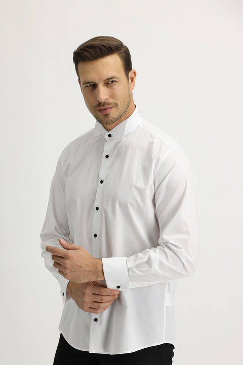 White Long-Sleeve Stand-Collar Classic Cotton Shirt