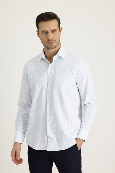 Light Blue Long-Sleeve Classic Striped Cotton Shirt