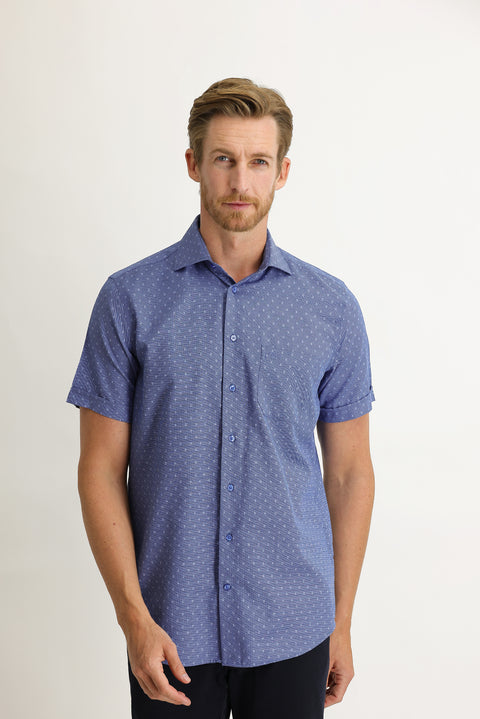 Medium Navy Short Sleeve Regular Fit Patterned Shirt