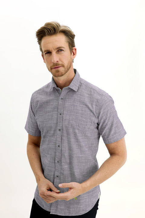 Light Navy Short Sleeve Regular Fit Patterned Cotton Shirt