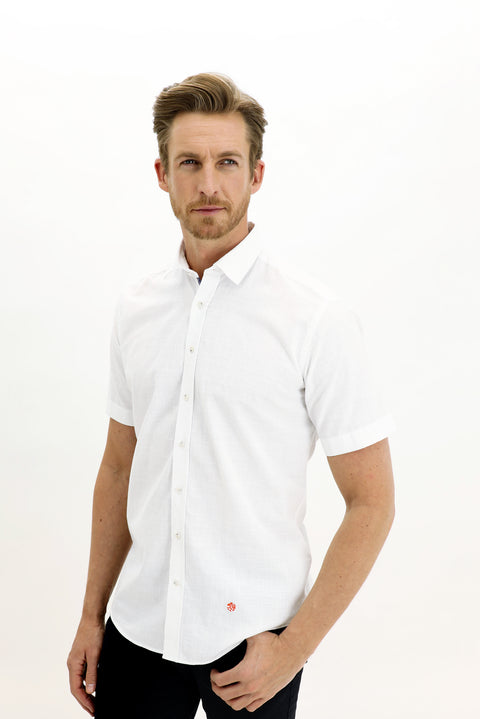White Short Sleeve Regular Fit Patterned Cotton Shirt